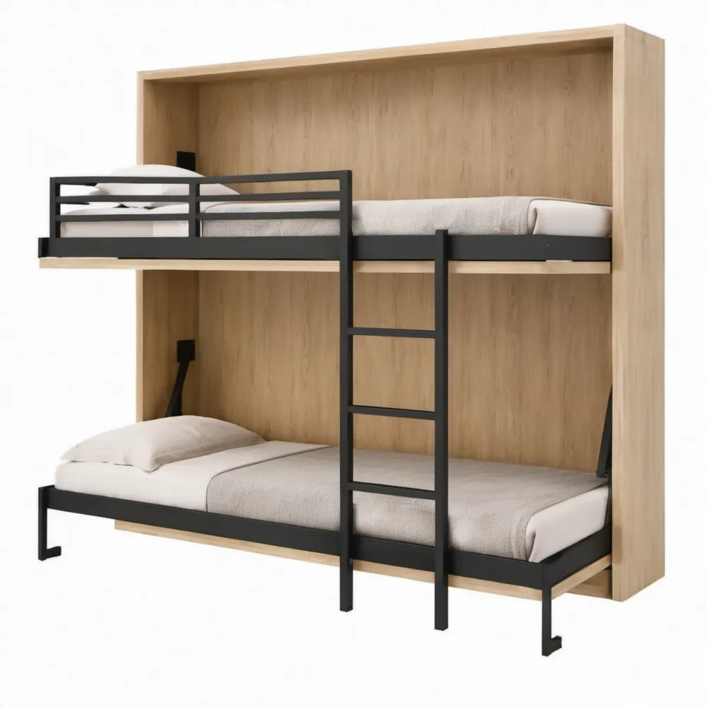 Opklapbaar wandstapelbed voor 2 personen 90 x 200 cm - Naturel eiken/Zwart