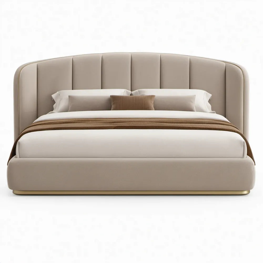 Gestoffeerd bed 180 x 200 cm beige met gebogen hoofdbord en goudkleurige poten
