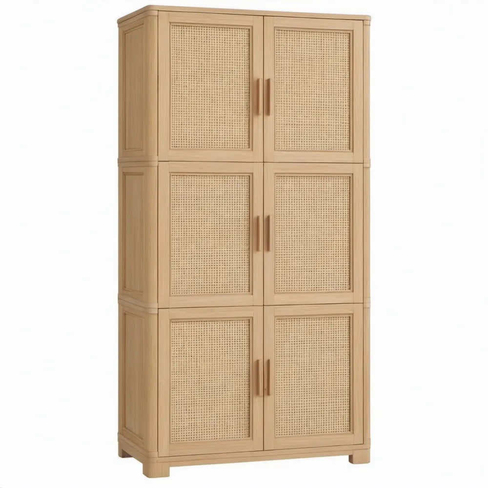 Opbergkast met 6 deuren, 80 x 40 x 180 cm, naturel massief grenenhout en rotan