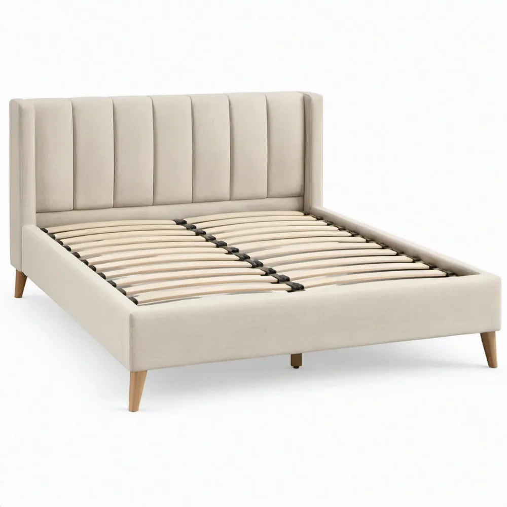 Gestoffeerd bedframe 160 x 200 cm Crème/Naturel met hoog hoofdbord en lattenbodem