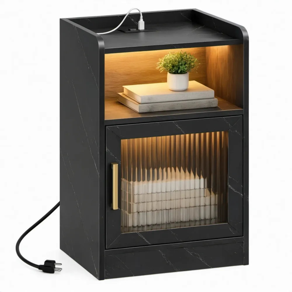 Zwart nachtkastje met ledverlichting, USB-oplaadpunt en geribbeld glas – 60 x 40 x 35 cm