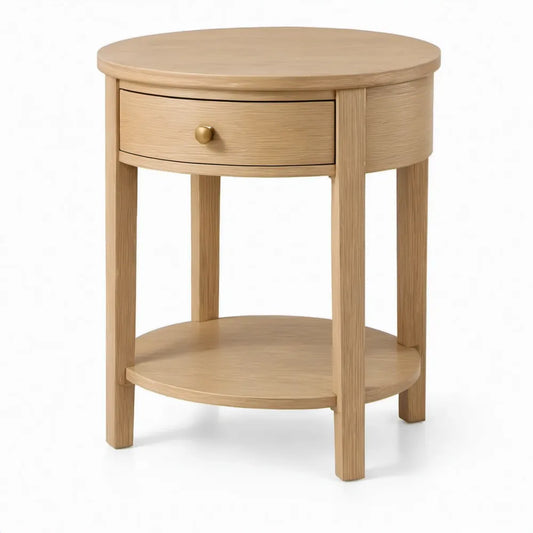 Ronde bijzettafel met lade en onderplank, naturel eiken, Ø 45 x 60 cm