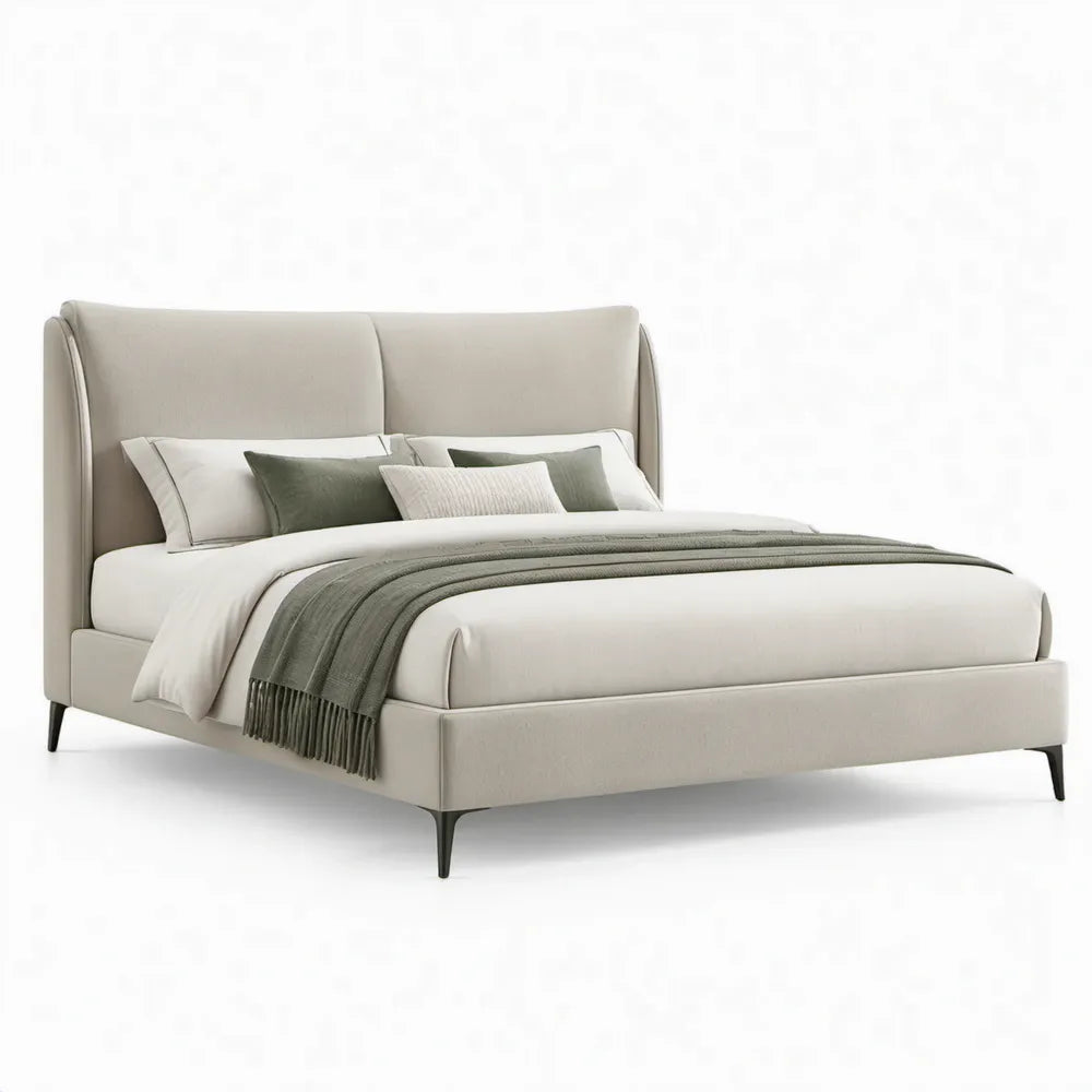 Gestoffeerd tweepersoonsbed 180 x 200 cm Beige met hoog hoofdbord en stalen poten