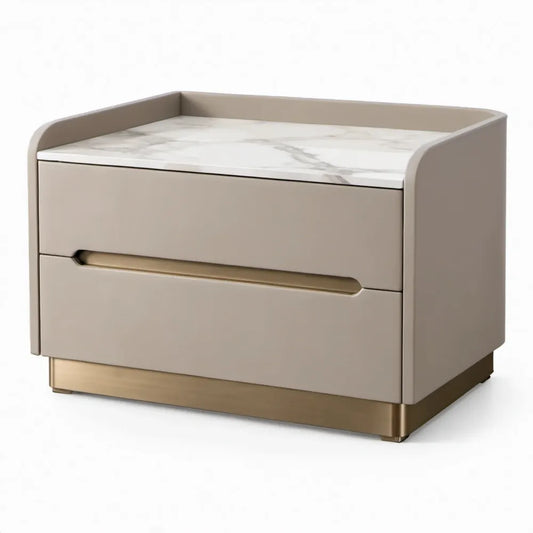 Nachtkastje met 2 laden, 60 x 40 x 55 cm, taupe met wit-grijs marmerlook blad en goudkleurige details