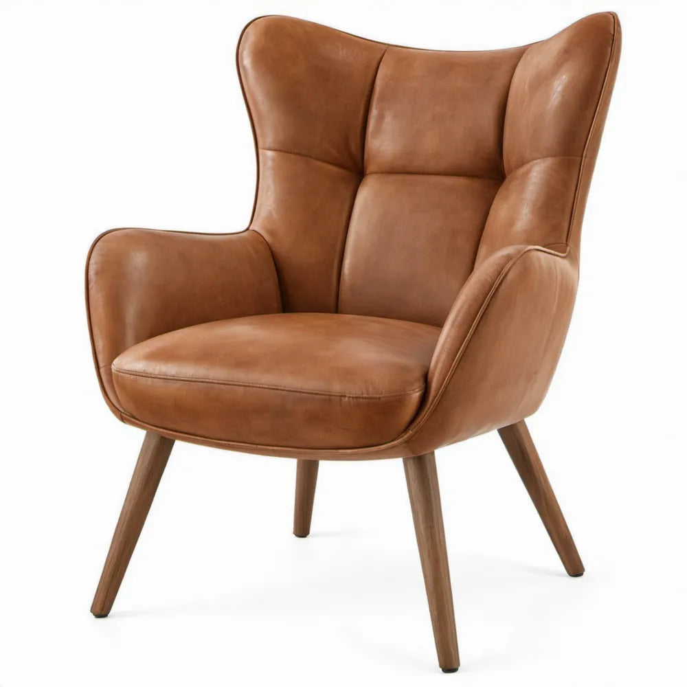 Cognackleurige oorfauteuil van PU-kunstleer met bruine houten poten 78 x 82 x 103 cm