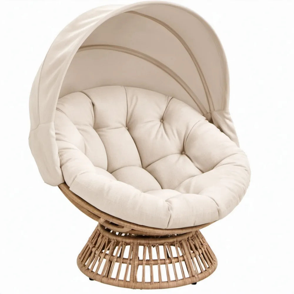Ronde rotan loungestoel met verstelbare zonneklep, beige/naturelbruin, 105 x 100 x 150 cm
