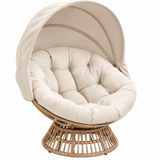 Ronde rotan loungestoel met verstelbare zonneklep, beige/naturelbruin, 105 x 100 x 150 cm