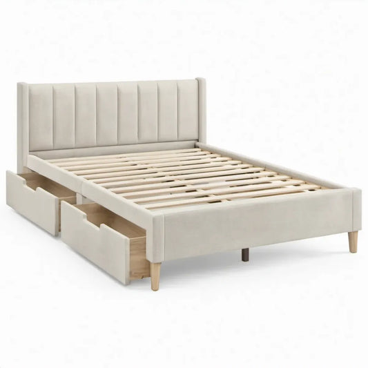 Gestoffeerd bedframe met 2 opbergladen 160 x 200 cm crème en natuurbruin