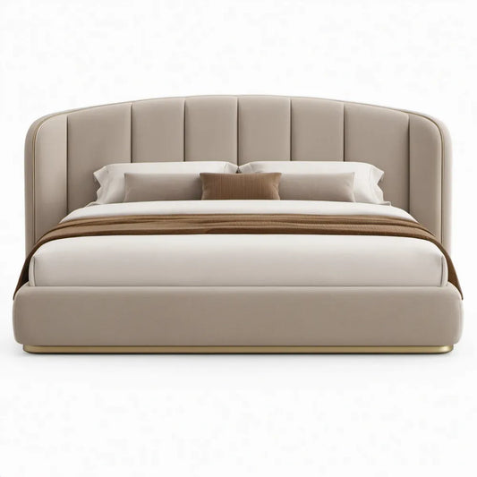 Gestoffeerd bed 180 x 200 cm beige met gebogen hoofdbord en goudkleurige poten
