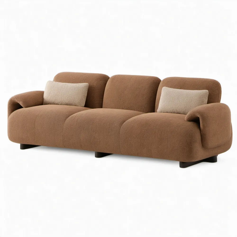 3-zitsbank 230 x 95 x 78 cm bruin bouclé met 2 crèmekleurige sierkussens