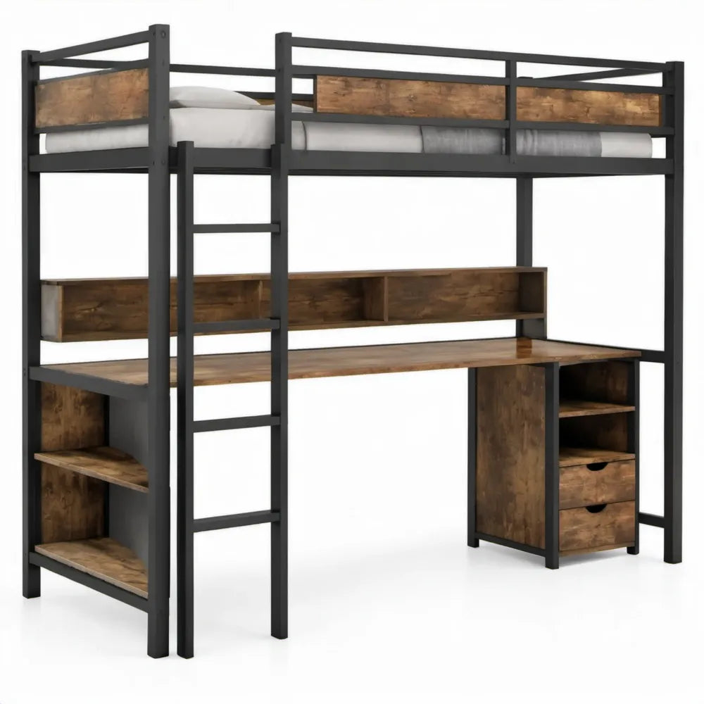 Hoogslaper 90 x 200 cm met bureau, opbergruimte en ladder - Zwart/Bruin