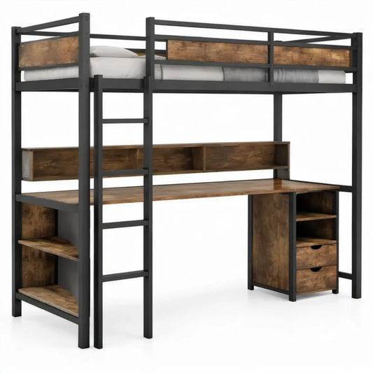 Hoogslaper 90 x 200 cm met bureau, opbergruimte en ladder - Zwart/Bruin