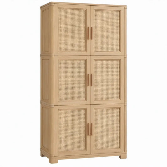 Opbergkast met 6 deuren, 80 x 40 x 180 cm, naturel massief grenenhout en rotan