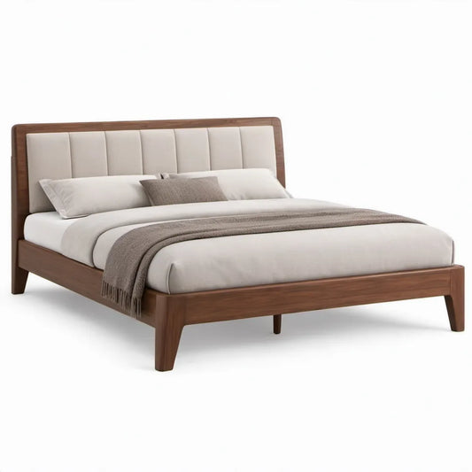 Tweepersoonsbed 160 x 200 cm van massief rubberhout met beige gestoffeerd hoofdbord