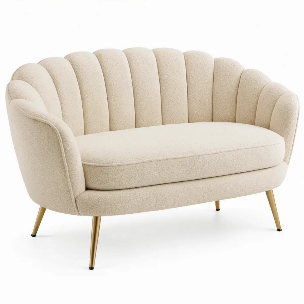 Crèmekleurige 2-zitsbank met gebogen rugleuning van bouclé, 128 x 78 x 78 cm