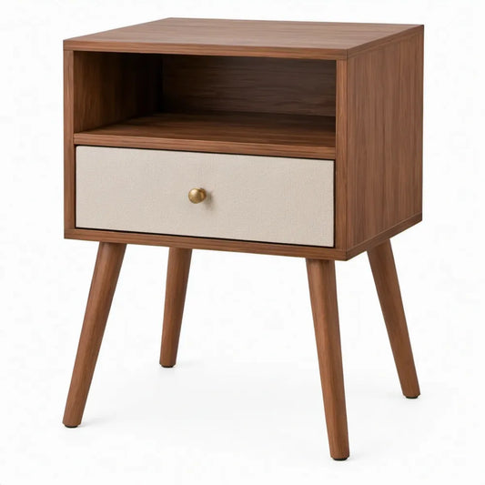 Nachtkastje met lade en open vak, 45 x 40 x 60 cm, walnootbruin, beige en messingkleurig