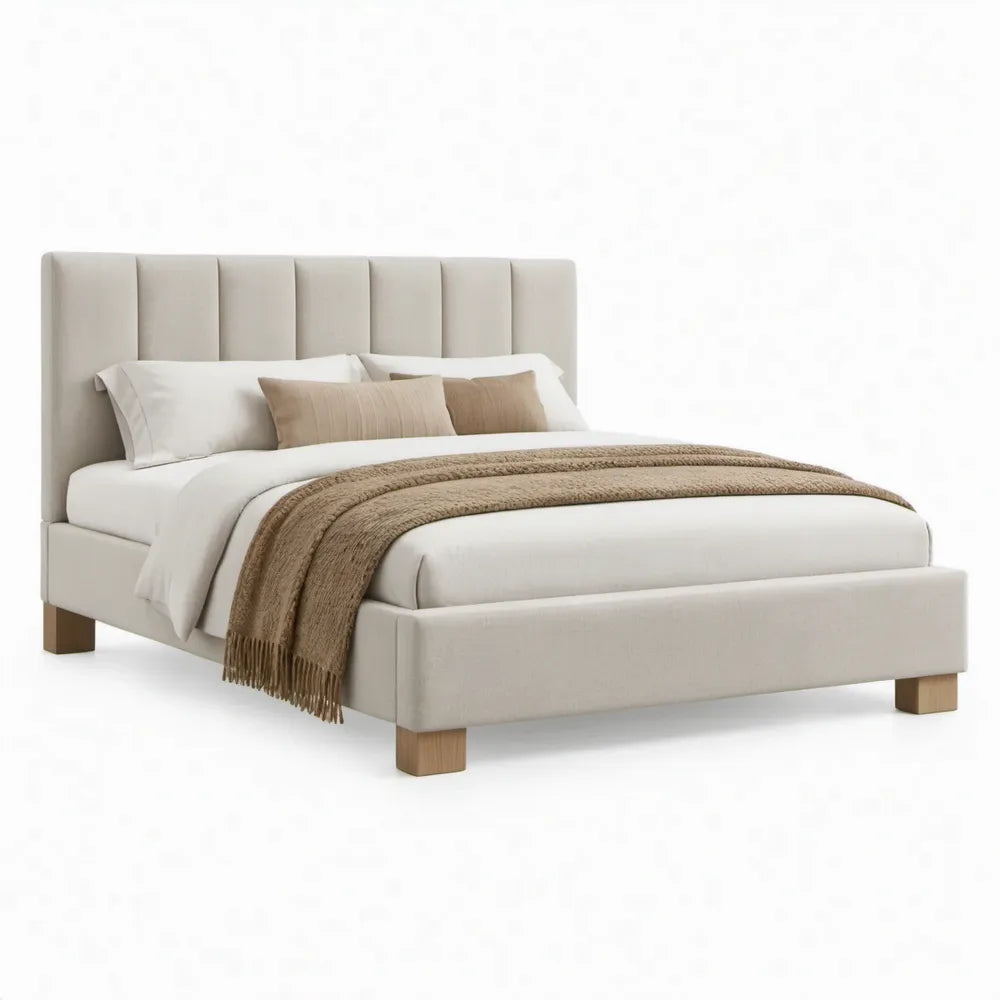 Gestoffeerd tweepersoonsbed 160 x 200 cm met crèmekleurige polyester bekleding en naturelbruine poten