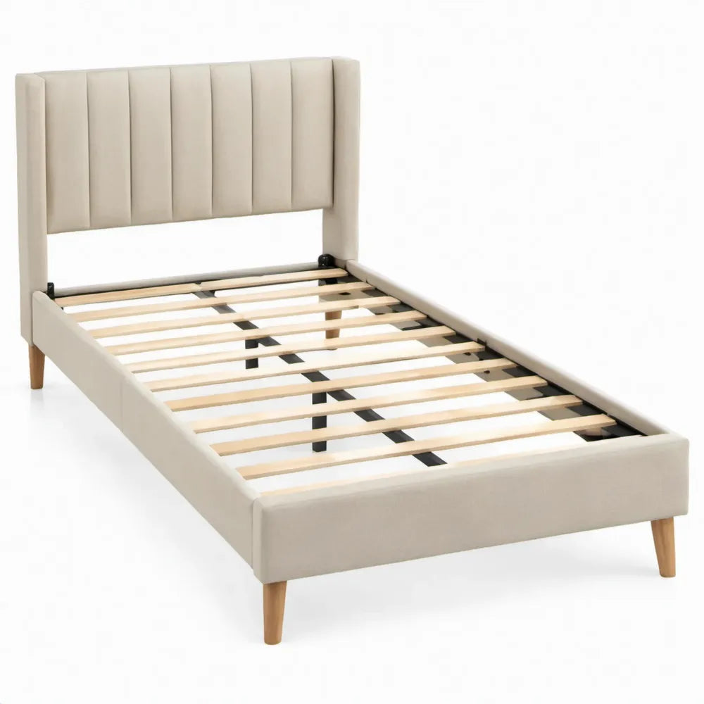 Eenpersoonsbed 90 x 200 cm Beige met gestoffeerd hoofdbord en lattenbodem