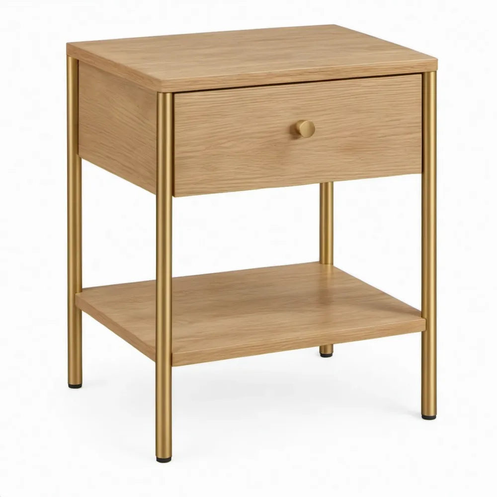 Nachtkastje met lade en open plank, 45 x 40 x 60 cm, naturel eiken en messingkleurig