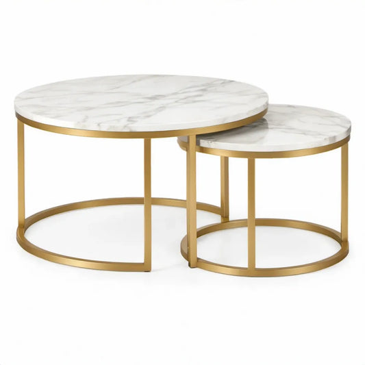 Set van 2 Ronde Salontafels met Marmerlook – Wit/Grijs/Goud – Ø 80 x 45 cm en Ø 60 x 38 cm