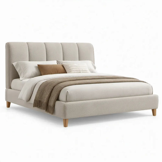 Tweepersoonsbed 160 x 200 cm in beige met gestoffeerd hoofdbord en houten poten