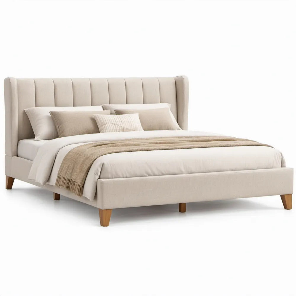 Gestoffeerd tweepersoonsbed 160 x 200 cm beige met naturel bruine houten poten