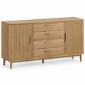 Dressoirkast met 2 geribbelde deuren en 4 lades, 160 x 40 x 80 cm, naturel eikenfineer