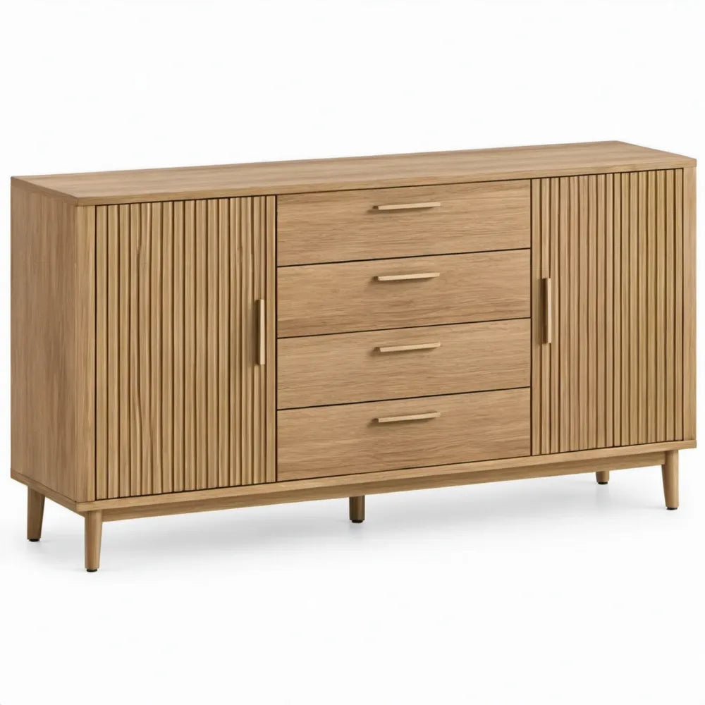 Dressoirkast met 2 geribbelde deuren en 4 lades, 160 x 40 x 80 cm, naturel eikenfineer