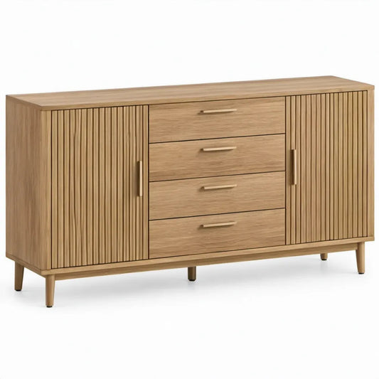 Dressoirkast met 2 geribbelde deuren en 4 lades, 160 x 40 x 80 cm, naturel eikenfineer