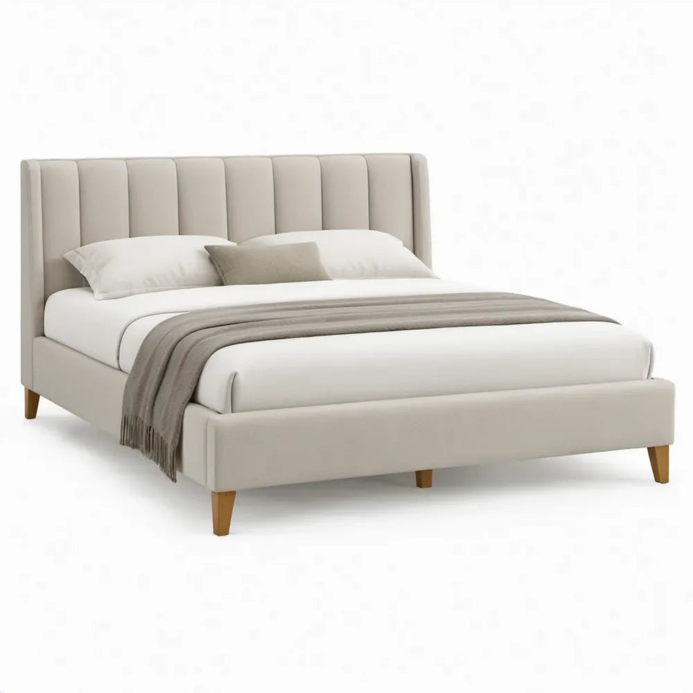 Gestoffeerd bed 160 x 200 cm Crème met naturel bruine houten poten