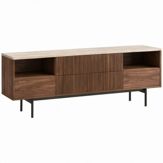 Tv-meubel 180 x 40 x 60 cm met 6 laden en 2 open vakken, donkerbruin, beige en zwart