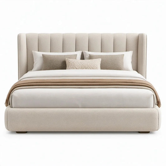 Beige gestoffeerd tweepersoonsbed 160 x 200 cm met hoog gebogen hoofdbord