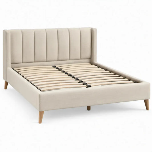 Gestoffeerd bedframe 160 x 200 cm Crème/Naturel met hoog hoofdbord en lattenbodem