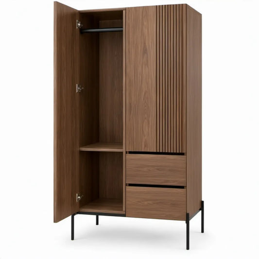 Walnootbruine kledingkast met 2 deuren, 2 laden en kledingroede – 100 x 55 x 190 cm