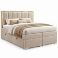 Gestoffeerd tweepersoonsbed met 4 opbergladen, LED-hoofdbord en lattenbodem, 160 x 200 cm, beige/zilver
