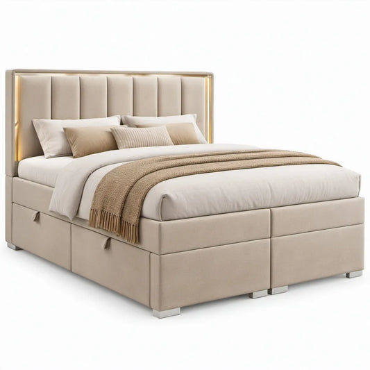 Gestoffeerd tweepersoonsbed met 4 opbergladen, LED-hoofdbord en lattenbodem, 160 x 200 cm, beige/zilver