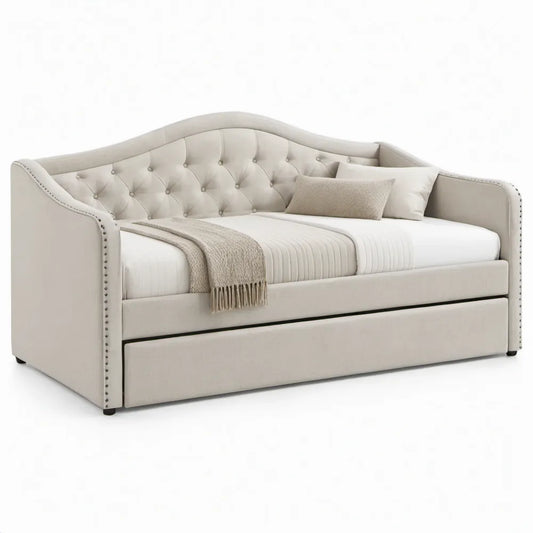 Gestoffeerd uitschuifbed met onderschuifbed 90 x 190 cm - Crème